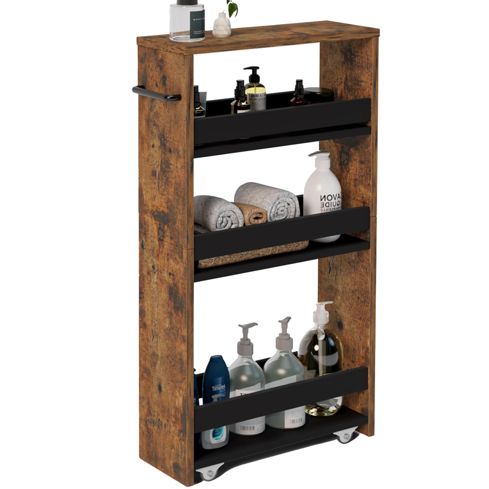 Marty Slim Rolling Cart 4-Tier Utility Carts With Wheels Handle, Kitchen Storage Cart Slide Out Mobile Shelving Unit Organizer F