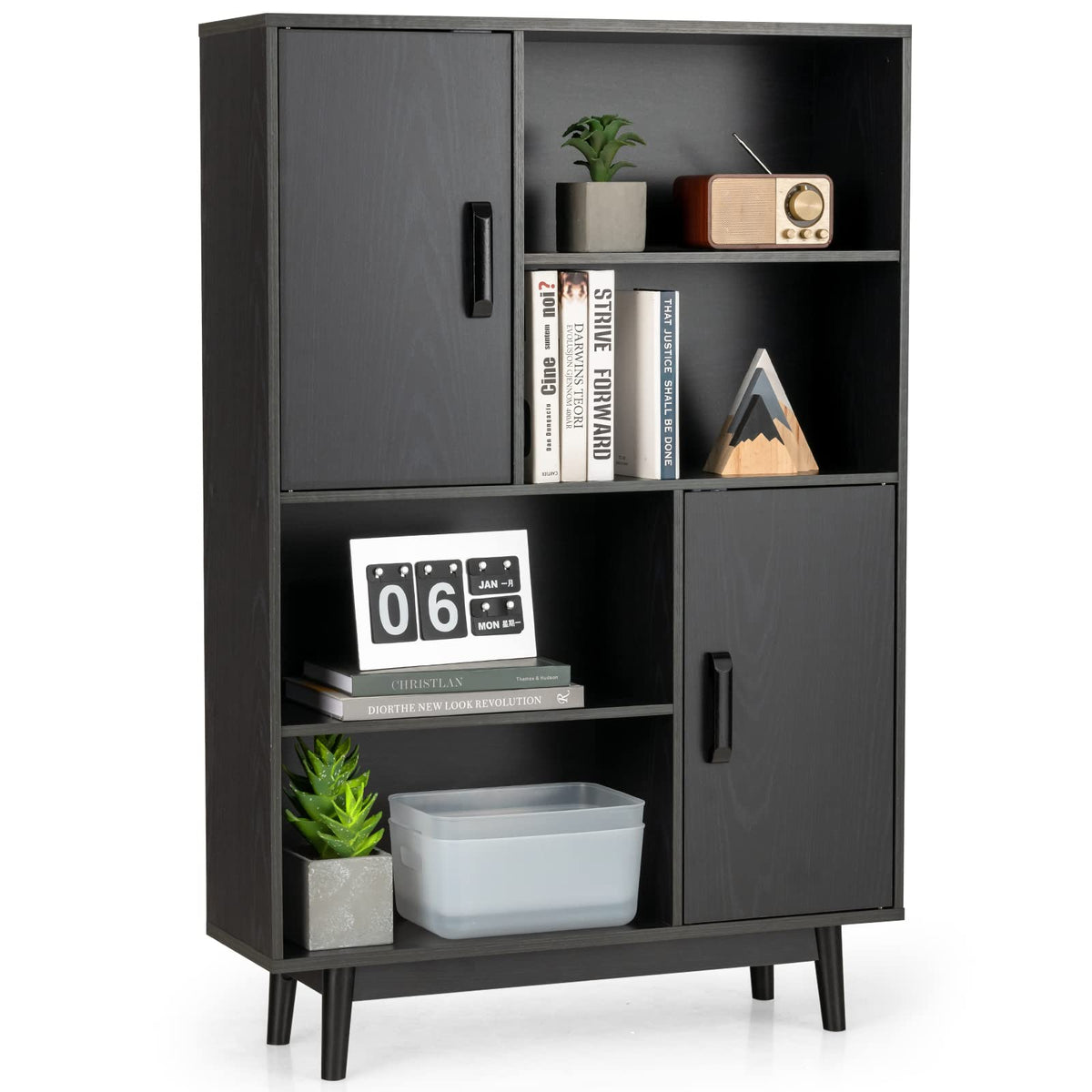 Giantex Storage Cabinet With Legs, Floor Cabinet With Doors, Shelves, Anti-Tipping Device, 4-Tier Bookshelf For Books & Photos, Tall Cupboard In Living Room, Kitchen Buffet Sideboard (Black)
