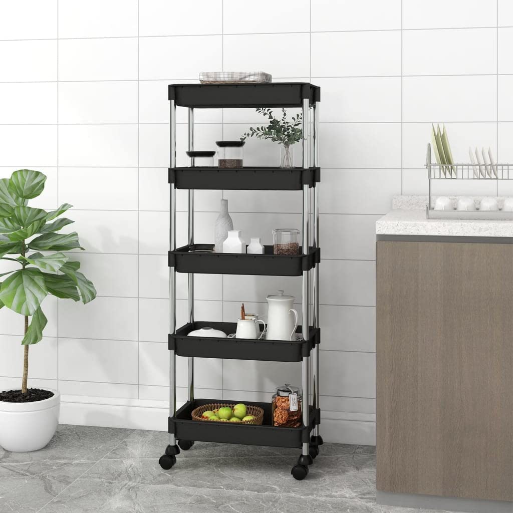 Vidaxl 5-Tier Kitchen Trolley With Removable Baskets- Versatile Organizer- Durable Iron And Abs Material- Black