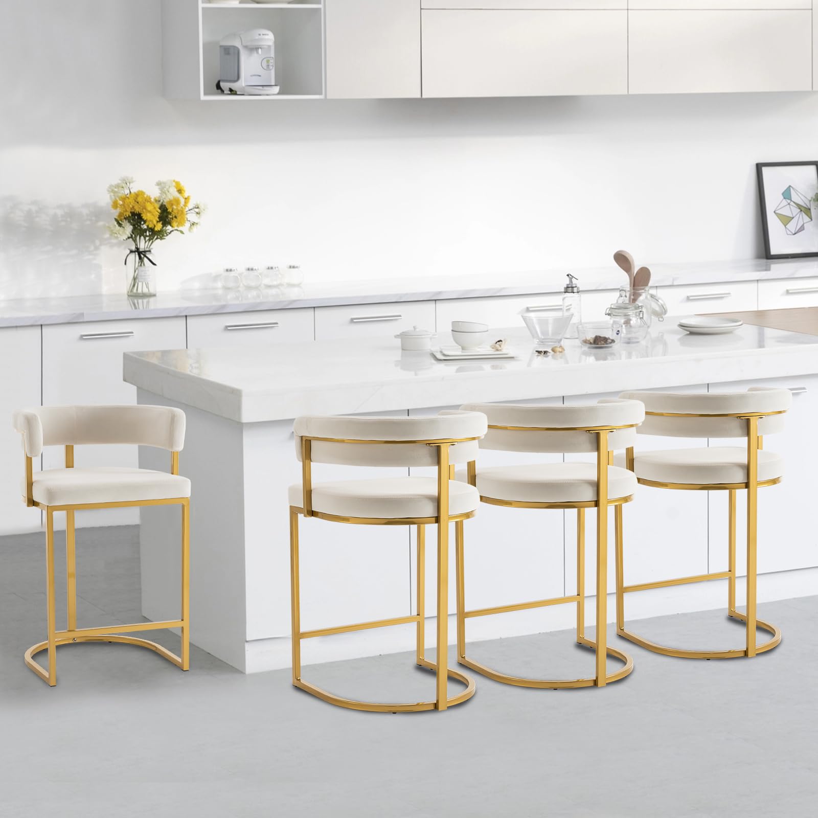 Rongbuk Set of 4 Beige Modern Velvet Bar Stools with Barrel Backrest, Upholstered Seat, and Gold Metal Footrest - 25.6-Inch Seat