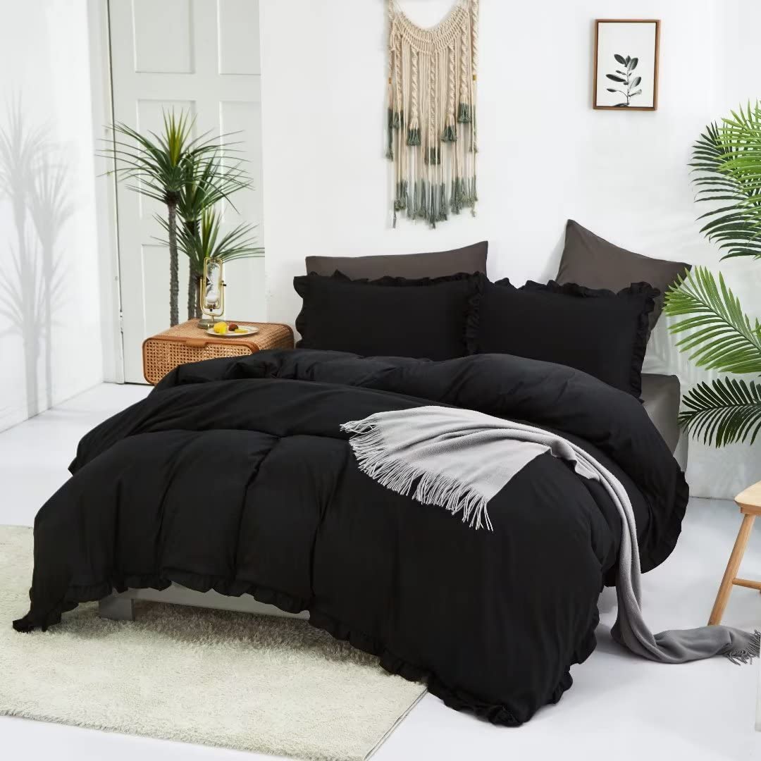 Clothknow Black Comforter Set Full Black Ruffle Bedding Comforter Sets Full Men Boys Women Comforter All Black Bedding Ruffle Comforter Farmhouse Comforter Shabby Chic Bedding