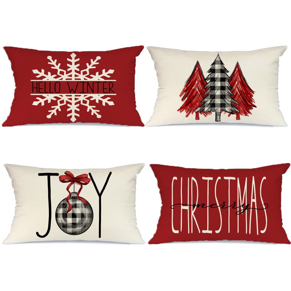 Geeory Christmas Pillow Covers 12X20 Set Of 4 For Xmas Decorations Buffalo Plaid Christmas Tree Joy Snow Merry Christmas Pillows