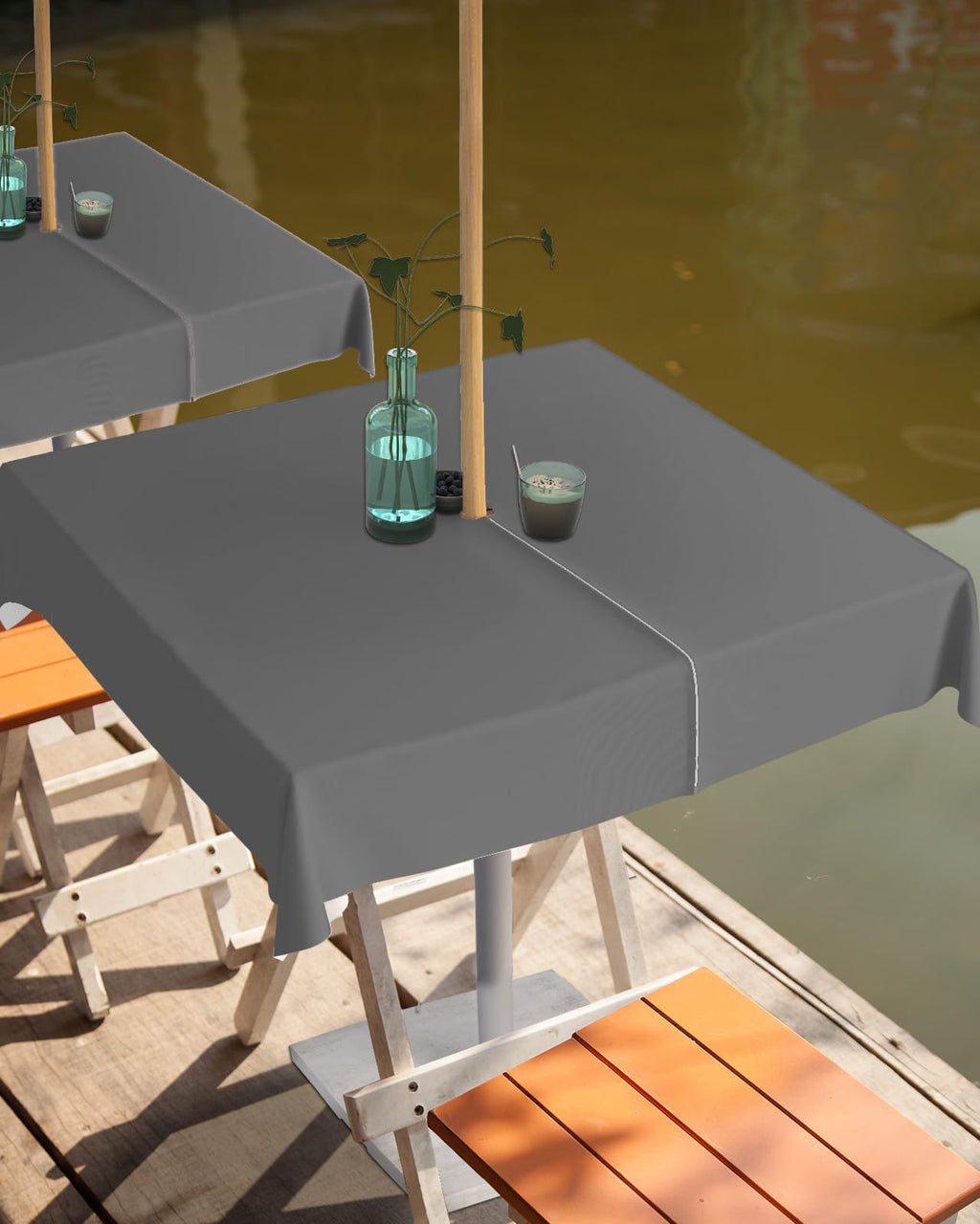 Queenker Dark Gray Outdoor Tablecloth With Umbrella Hole And Zipper, Solid Color Table Cover For Square Tables Waterproof Tablet