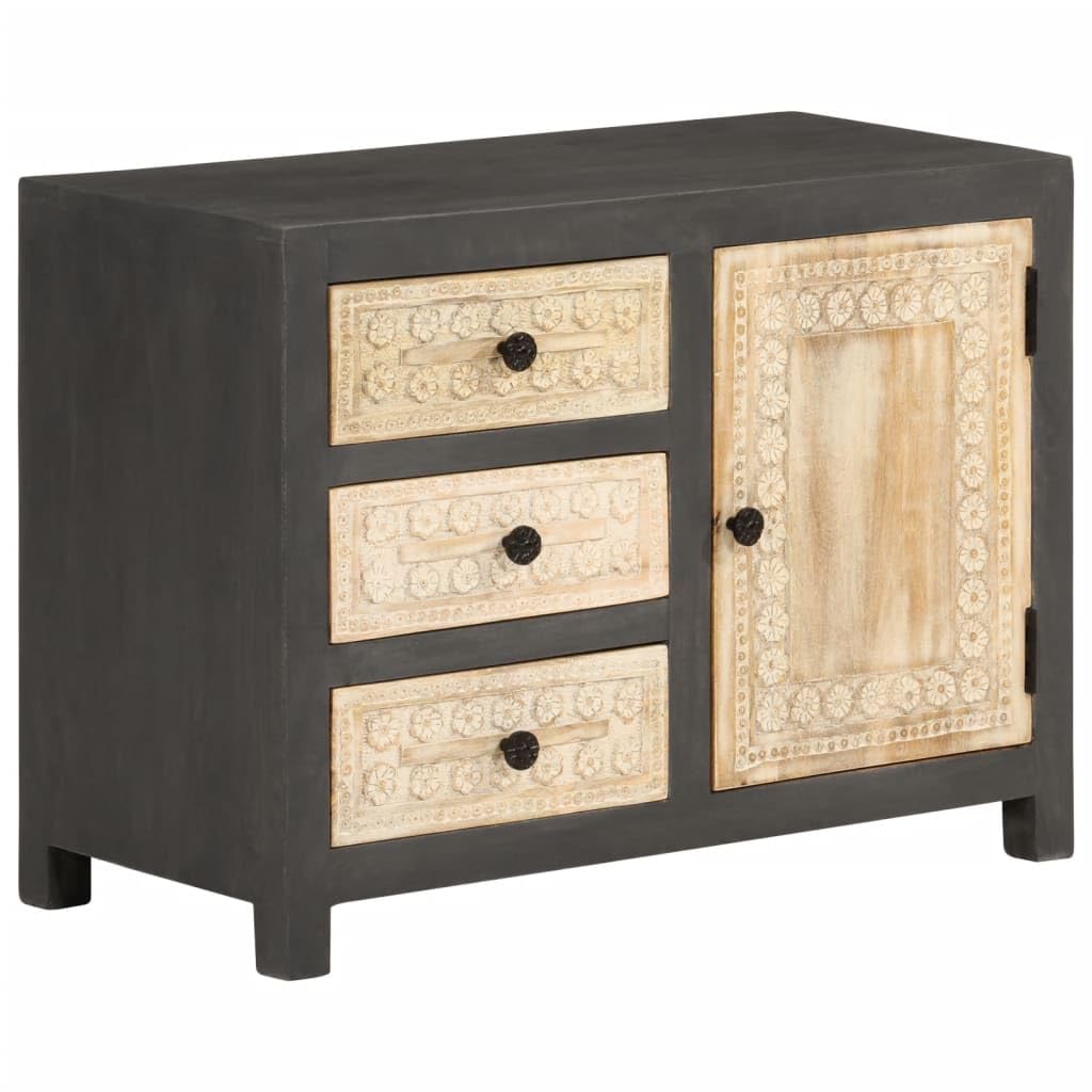 vidaXL Sideboard - Solid Mango Wood Cabinet/Drawer - Gray & White, 29.5&quot;x13.8&quot;x21.7&quot; - Hand Carved Modern Furniture Piece