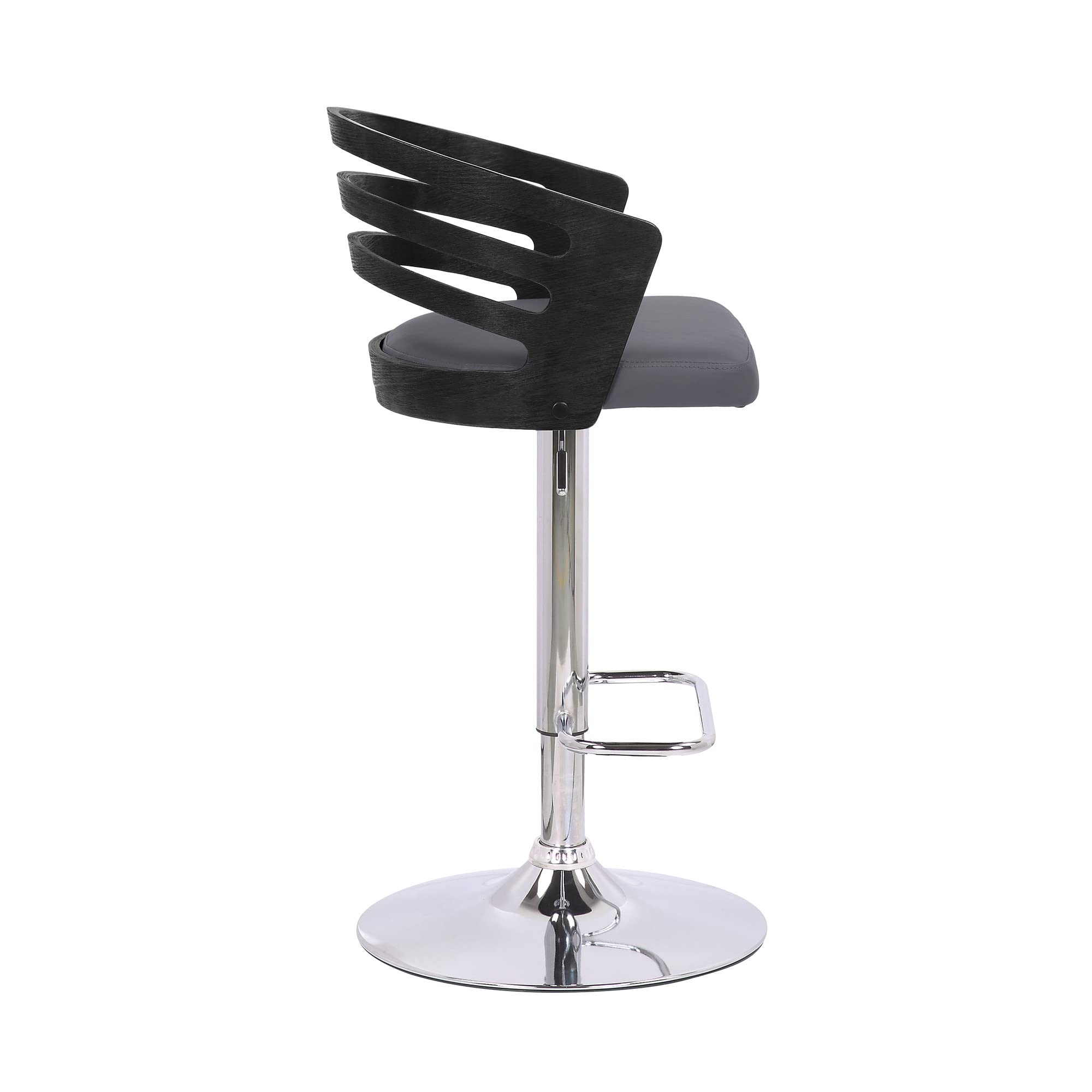 HomeRoots Wood, Metal, Foam Faux Leather Gray Faux Leather Black Wood and Chrome Adjustable Swivel Bar Stool