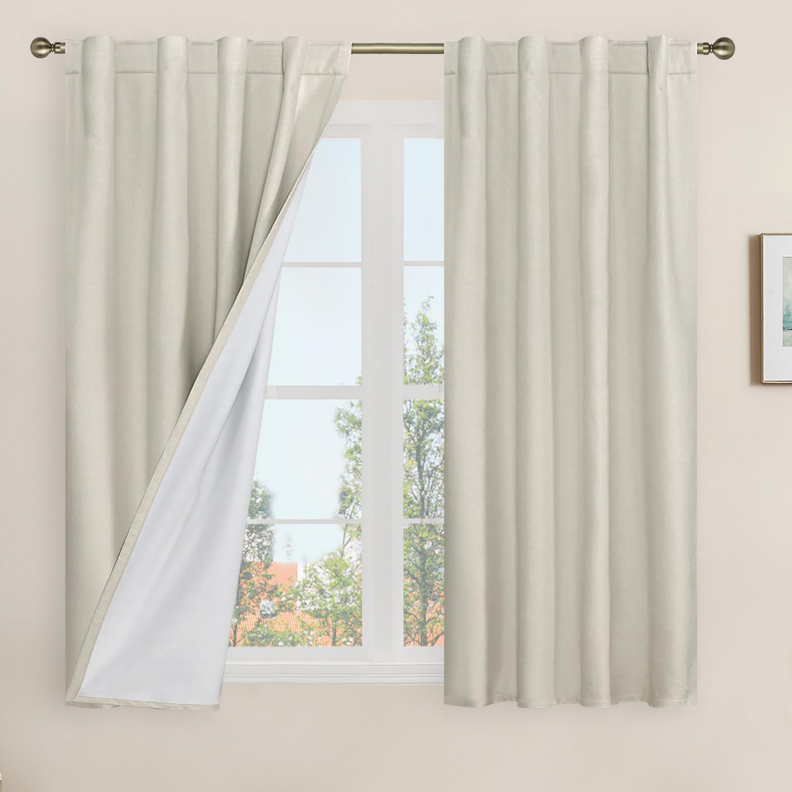 LAMIT Full Blackout Window Linen Curtains for Bedroom, 54 Inches Thermal Bedroom Drapes Back Tab and Rod Pocket Privacy Protecte