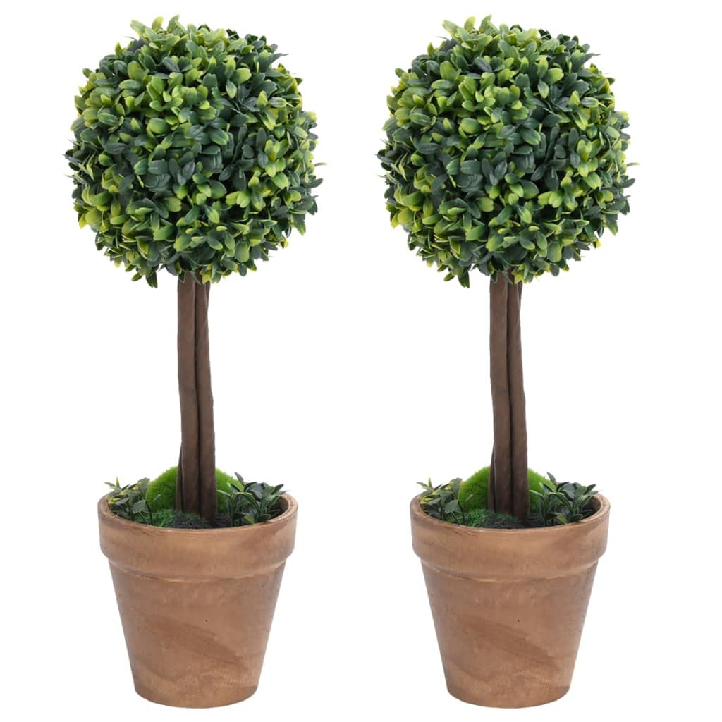 vidaXL 2 pcs Artificial Boxwood Plants in Pots, Ball Shaped, Polyethylene Green Faux Plants, Indoor and Outdoor Decor with Eucalyptus Wood Stem