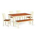 East West Furniture NIAV6-WHI-W 6 Piece Dining Table Set Contains a Rectangle Dining Room Table with Butterfly Leaf and 4 Wooden Seat Chairs with a Bench, 36x66 Inch, Buttermilk & Cherry