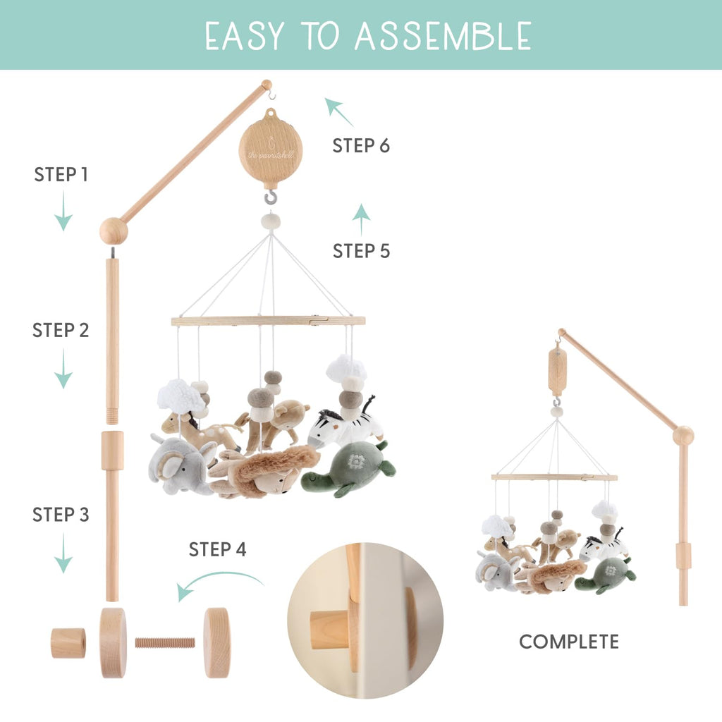 The Peanutshell Safari Crib Mobile For Boys Or Girls, Wooden Musical Baby Mobiles With 12 Lullabies, Elephant, Giraffe, Zebra, M