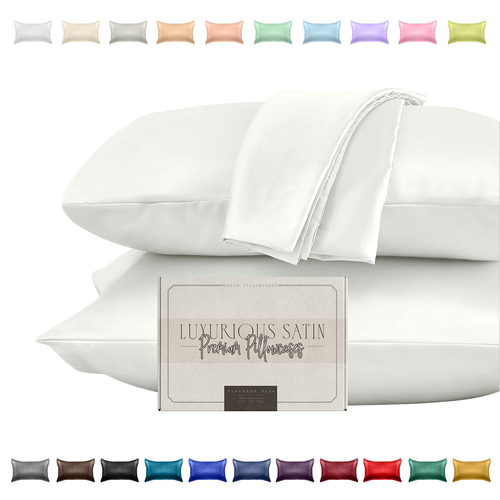 Elegant Comfort Silky And Luxurious 2-Piece Satin Pillowcase Set For Healthier Skin And Hair, Hidden Zipper Closure And Beautifully Packaged, Satin Pillowcase Set, King, White