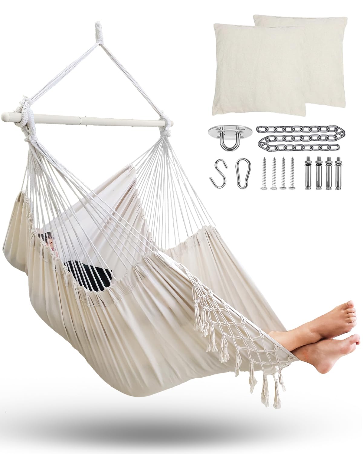 MIZTLI Hammock Chair Hanging Chair Swing Chair XXL Large Macrame Swing Indoor Hammock for Bedroom - Max 500 Lbs - 2 Cushions & A