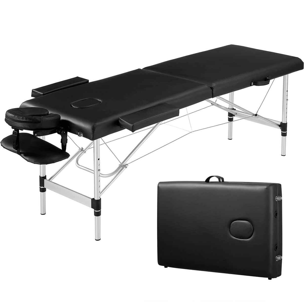 Prilinex Portable Folding Massage Table, 2 Sections Reclining Spa Bed, Aluminum Legs, with Carrying Bag, Face Cradle & Armrest -