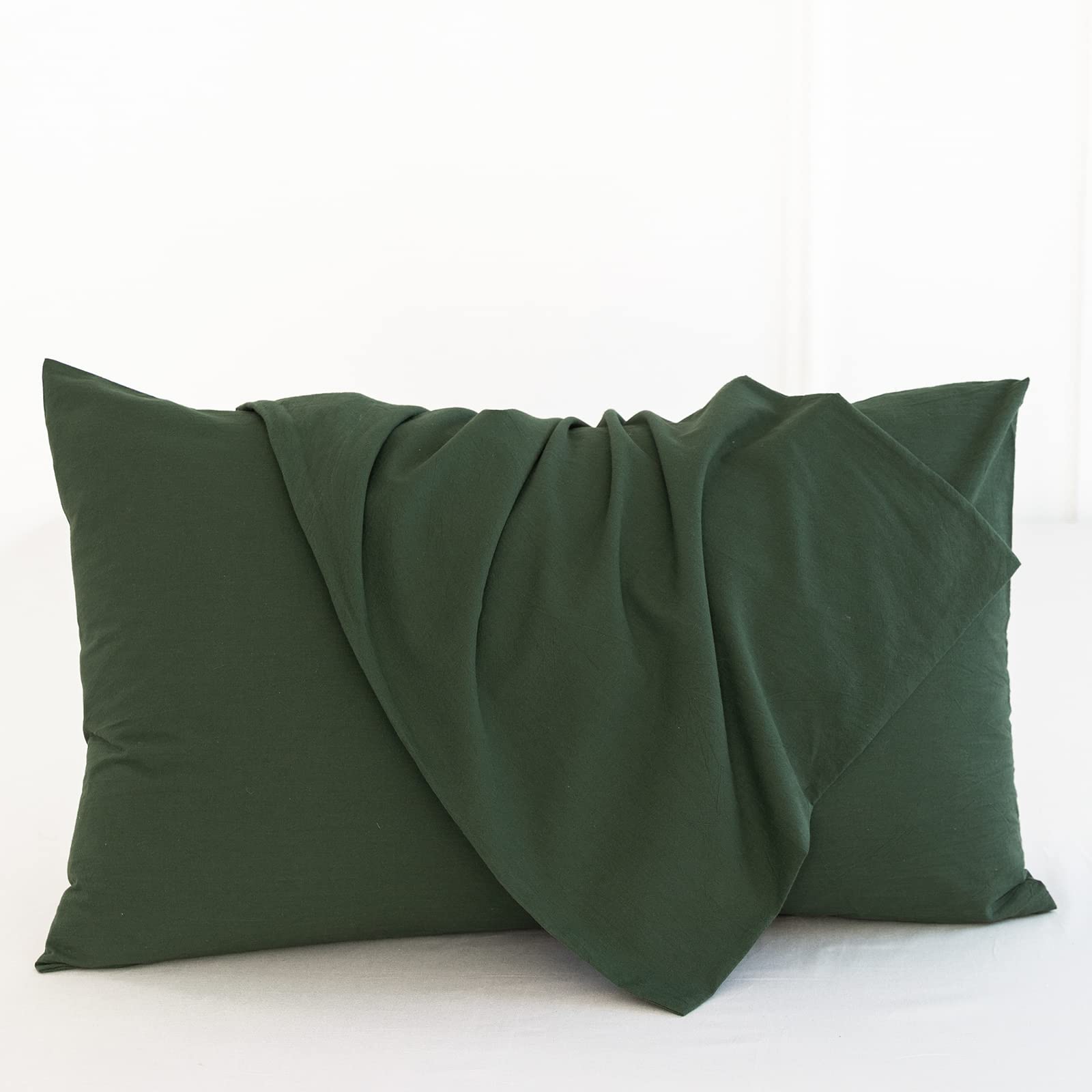 Moomee Bedding Pillowcases Pack Of 2 100% Washed Cotton Linen Like Textured Breathable Durable Soft Comfy (Forest Green, Standar