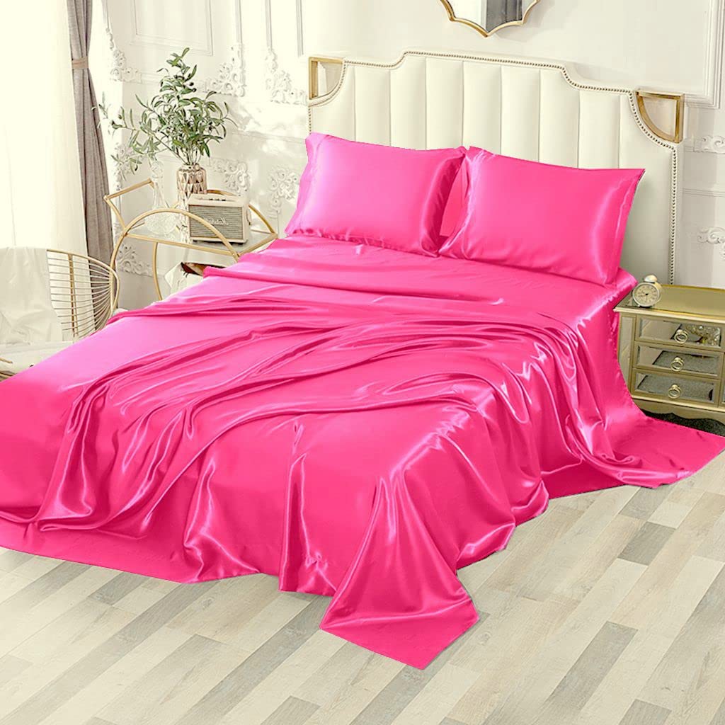 Sfoothome Silky Satin Sheets, 4-Pieces Queen Size Satin Bed Sheet Set With Deep Pockets, Cooling Satin Sheets Queen - Hot Pink