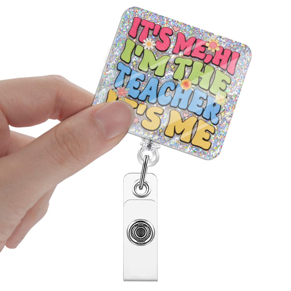 Xipromi It'S Me Hi I'M The Teacher It'S Me Badge Reels Retractable Glitter With Clip, Funny Badge Holder For Teacher Back To Sch
