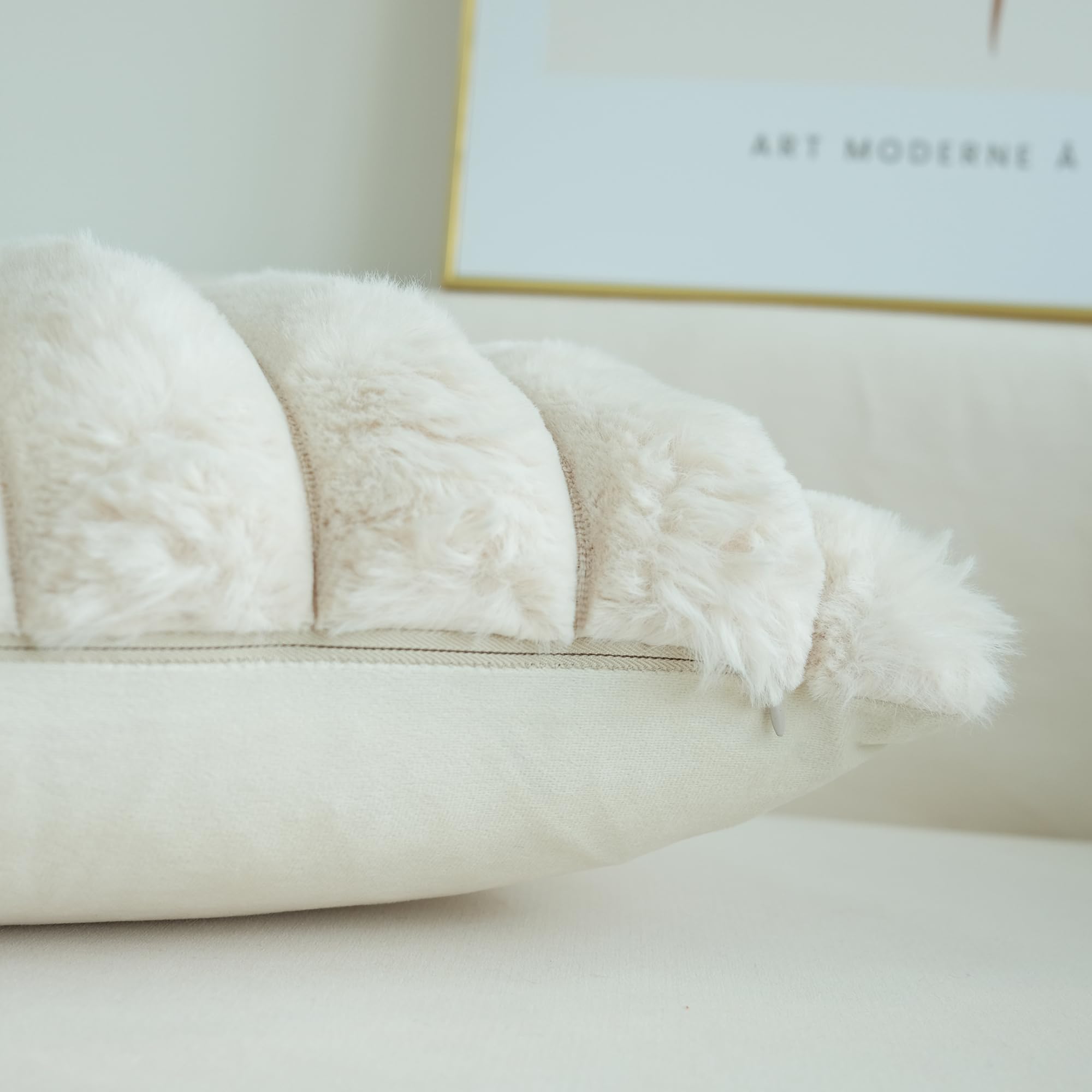 Jojusis Pack Of 2 Faux Fur Plush Decorative Throw Pillow Covers Couch Cushion Case Soft Fluffy Pillowcases Wide Stripe (Beige, 1
