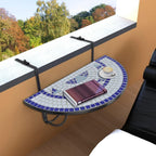 vidaXL - Blue and White Mosaic Hanging Balcony Table | Iron Tube and Ceramic Tile Material, Semi-Circular Design, Outdoor Patio Coffee Table - Foldable Space-Saving Design