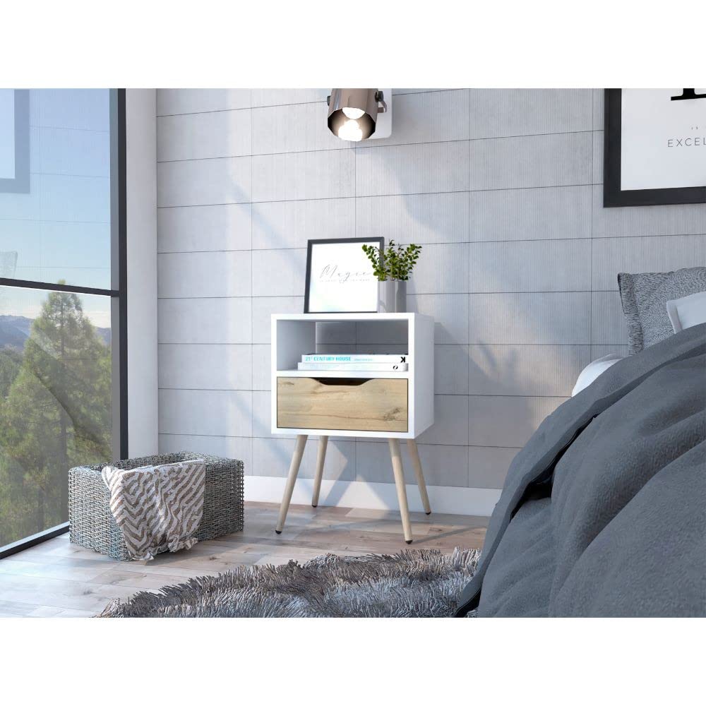 HomeRoots White-Light Oak Modern White and Light Oak Bedroom Nightstand