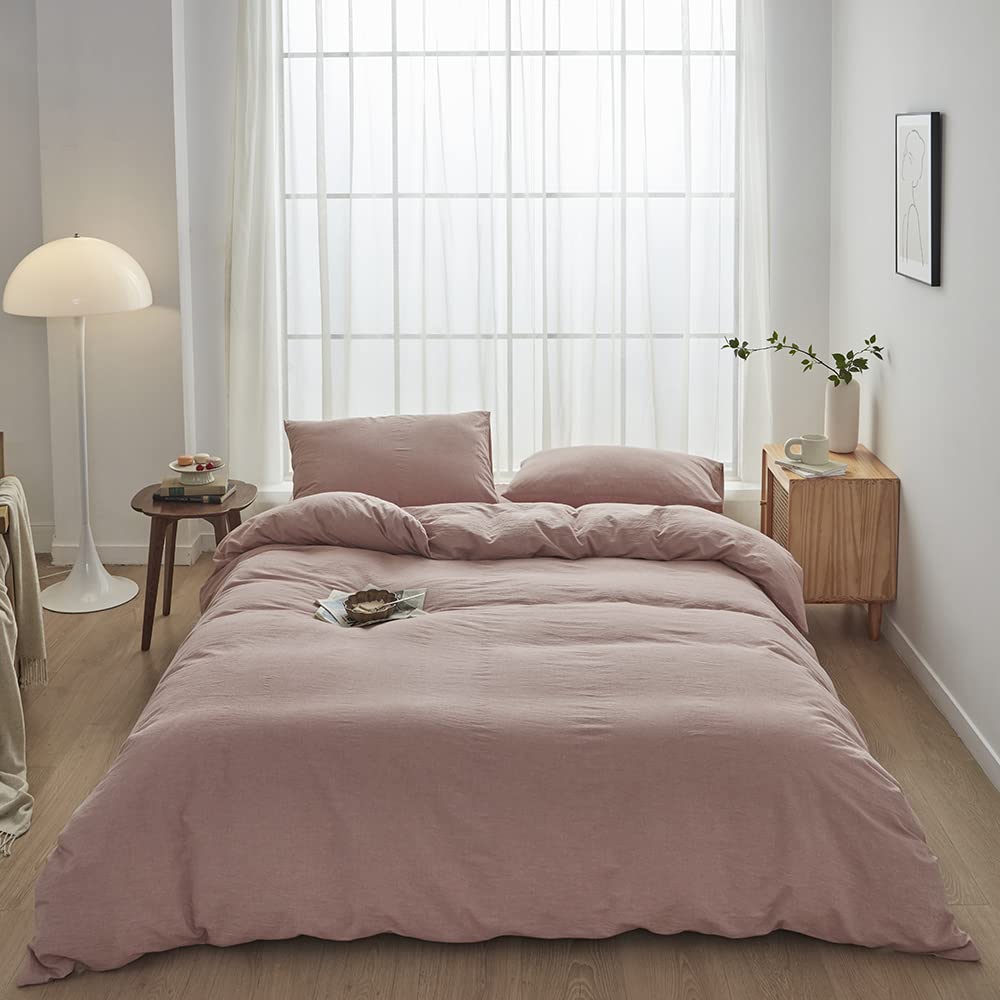 Face Two Face Bedding Duvet Cover Set 3 Pieces 100% Washed Cotton Duvet Cover Linen Like Textured Breathable Durable Soft Comfy (King, Old Pink)