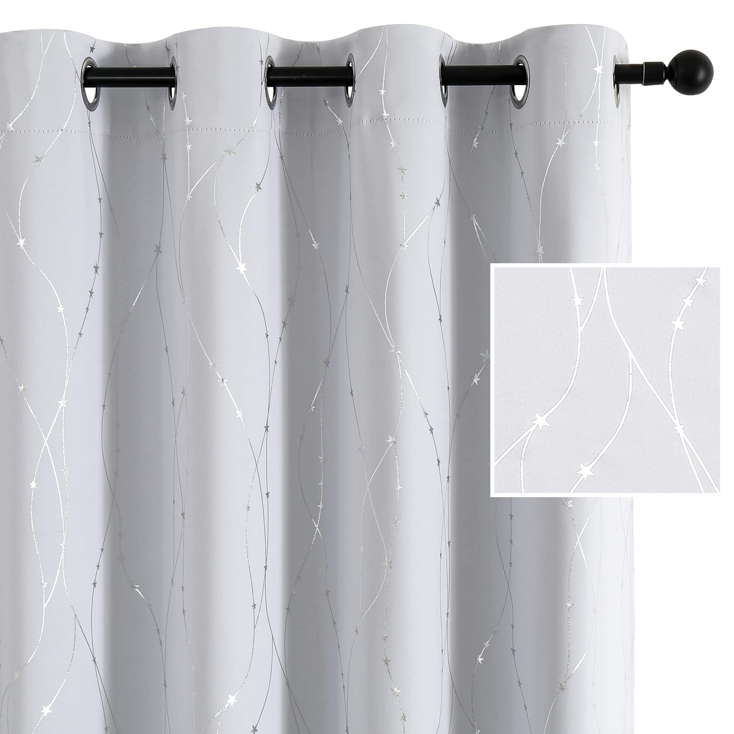 Smile Weaver Greyish White Curtains For Living Room 84 Inch Long,Noise Reducing Thermal Insulated Silver Print Design Room Darke