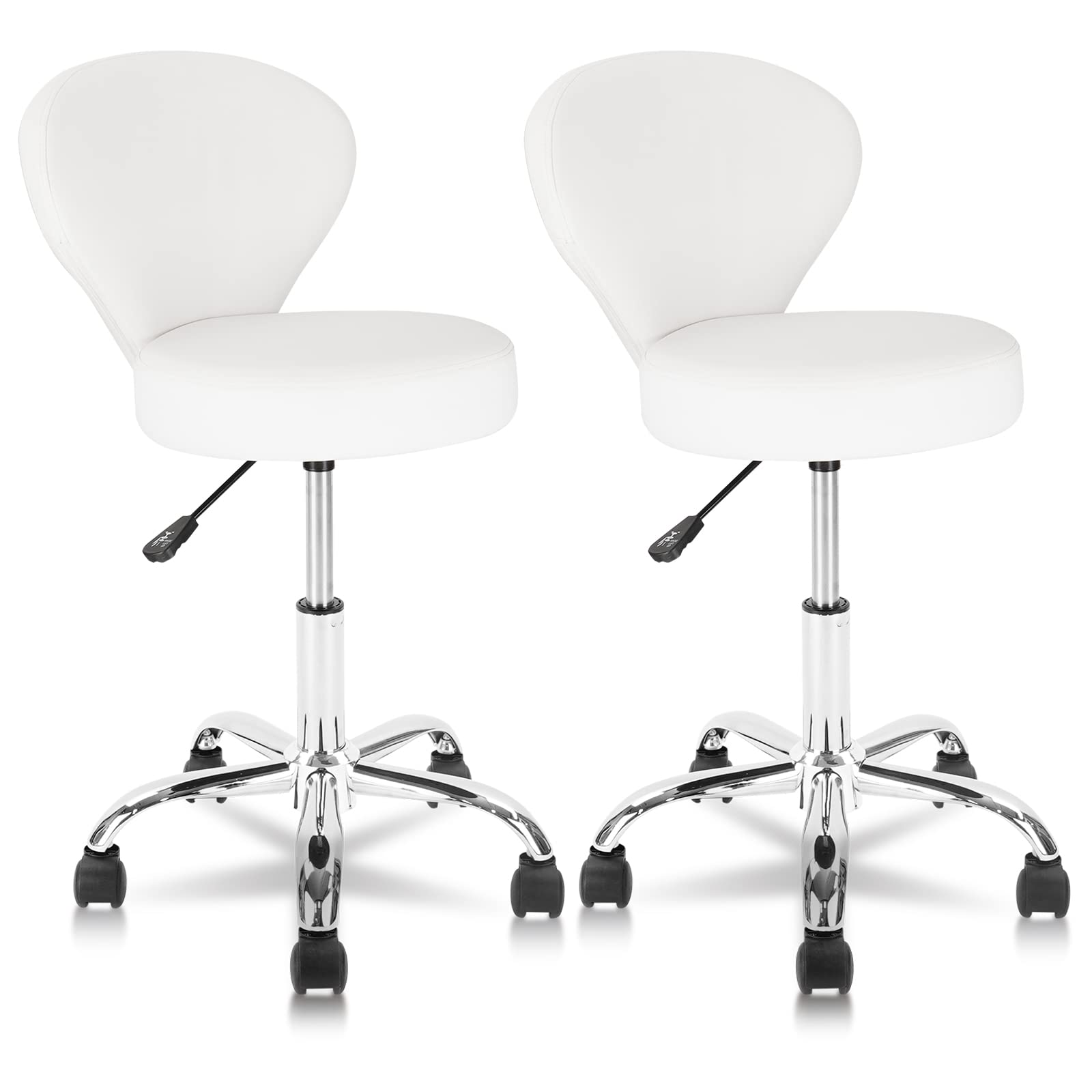 KLASIKA Set of 2 PVC Faux Leather Rolling Swivel Salon Stool Chair with Back Support Adjustable Hydraulic Seat Height 22 in Diam