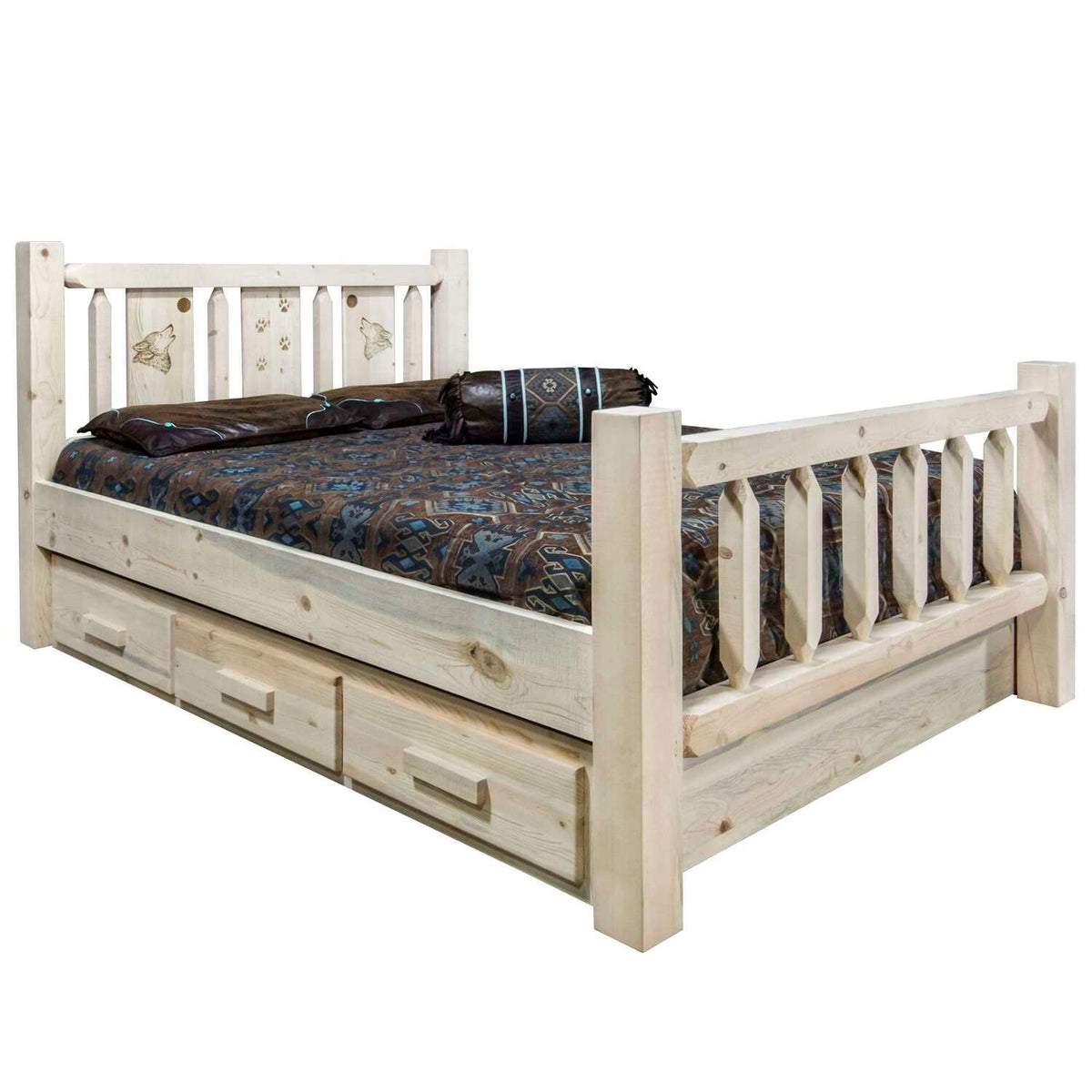 Montana Log Collection Wood Homestead Queen Storage Bed MWHCSBQLZWOLF