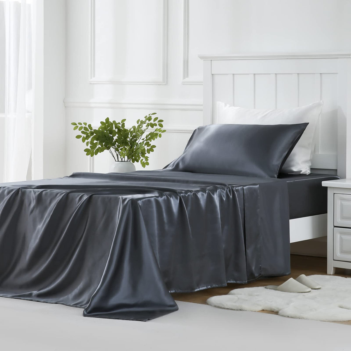 Golal Satin Sheets Twin Size - 3 Pieces Luxury Silky Soft Bed Sheets For Kids, Wrinkle-Free Dark Grey Satin Silk Sheet Set With