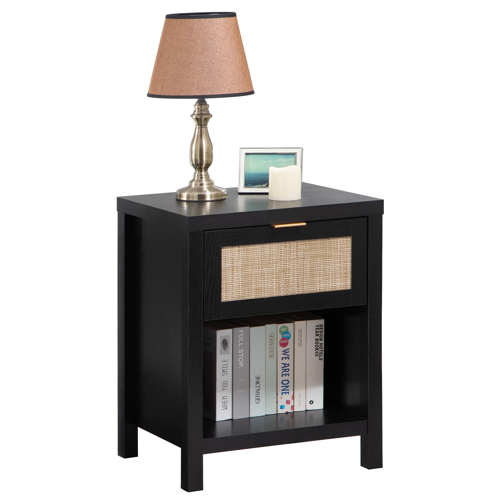 Sicotas Rattan Nightstand, Farmhouse Night Stands With Drawer, Boho Accent Table End Table Side Table For Bedroom, Small Space Black And Wood