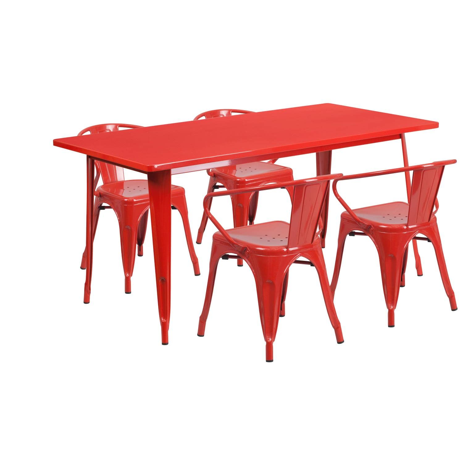 Flash Furniture Commercial Grade 31.5" x 63" Rectangular Red Metal Indoor-Outdoor Table Set with 4 Arm Chairs