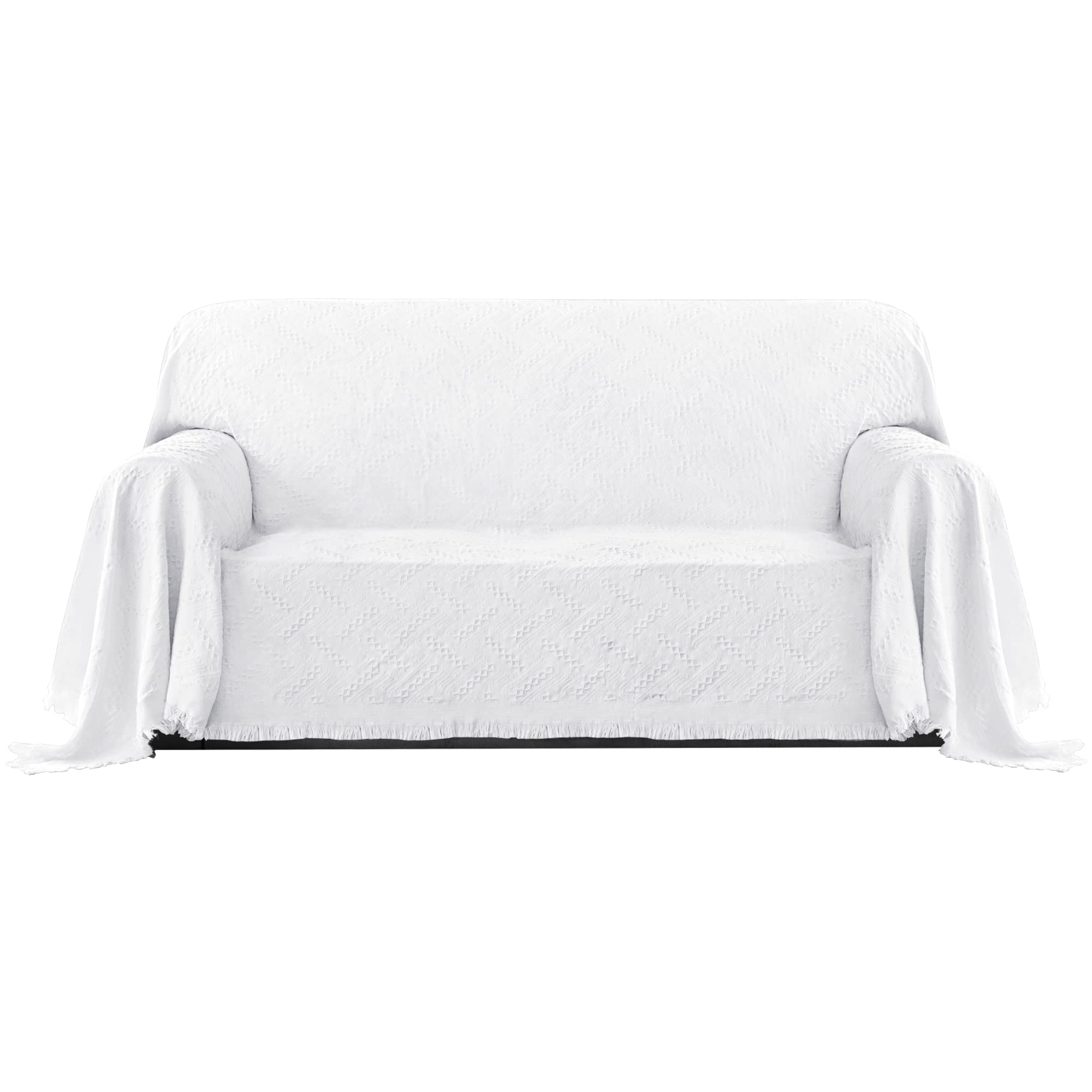 Purefit Geometric Jacquard Throw Sofa Cover - Textured Soft Washable Decorative Couch Covers For 3 Cushion Couch, Throw Cover With Tassels Furniture Protector For Pets, Kids (Medium, White)