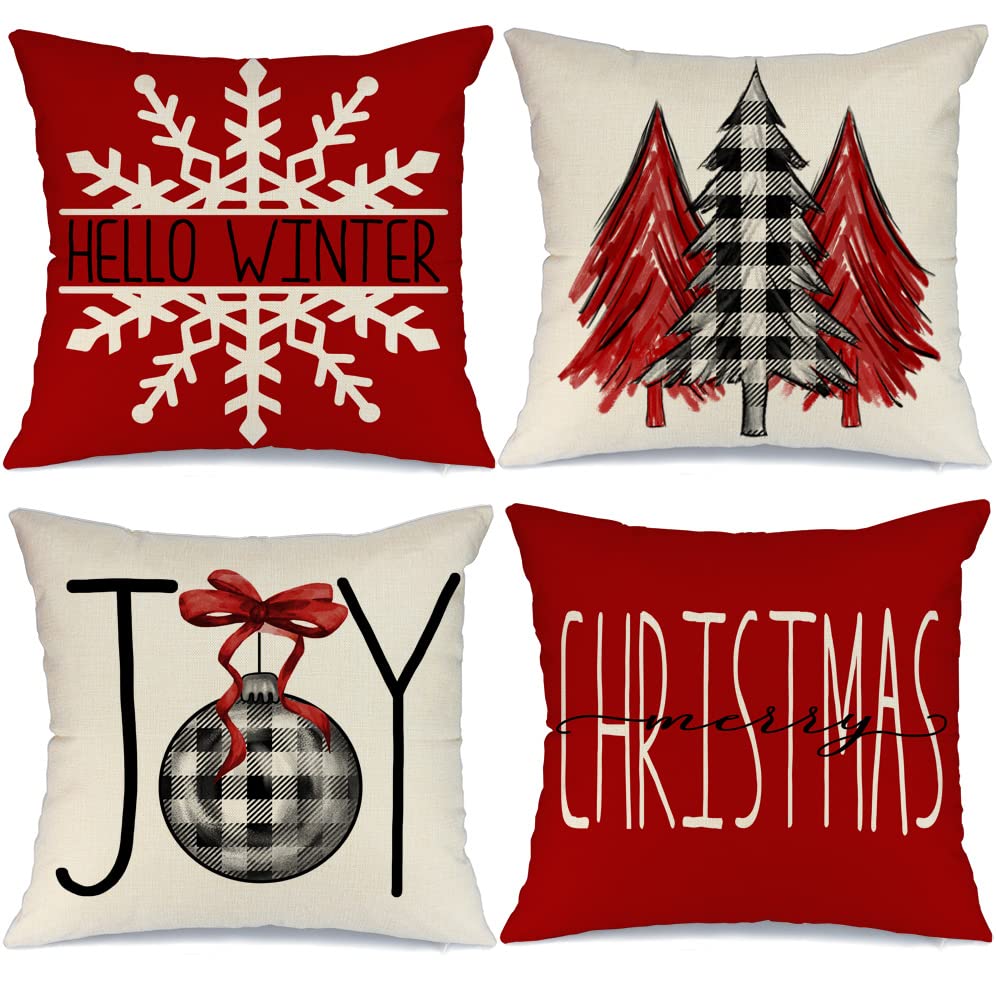 Geeory Christmas Pillow Covers 16X16 Set Of 4 For Christmas Decorations Buffalo Plaid Xmas Tree Joy Snow Merry Christmas Pillows