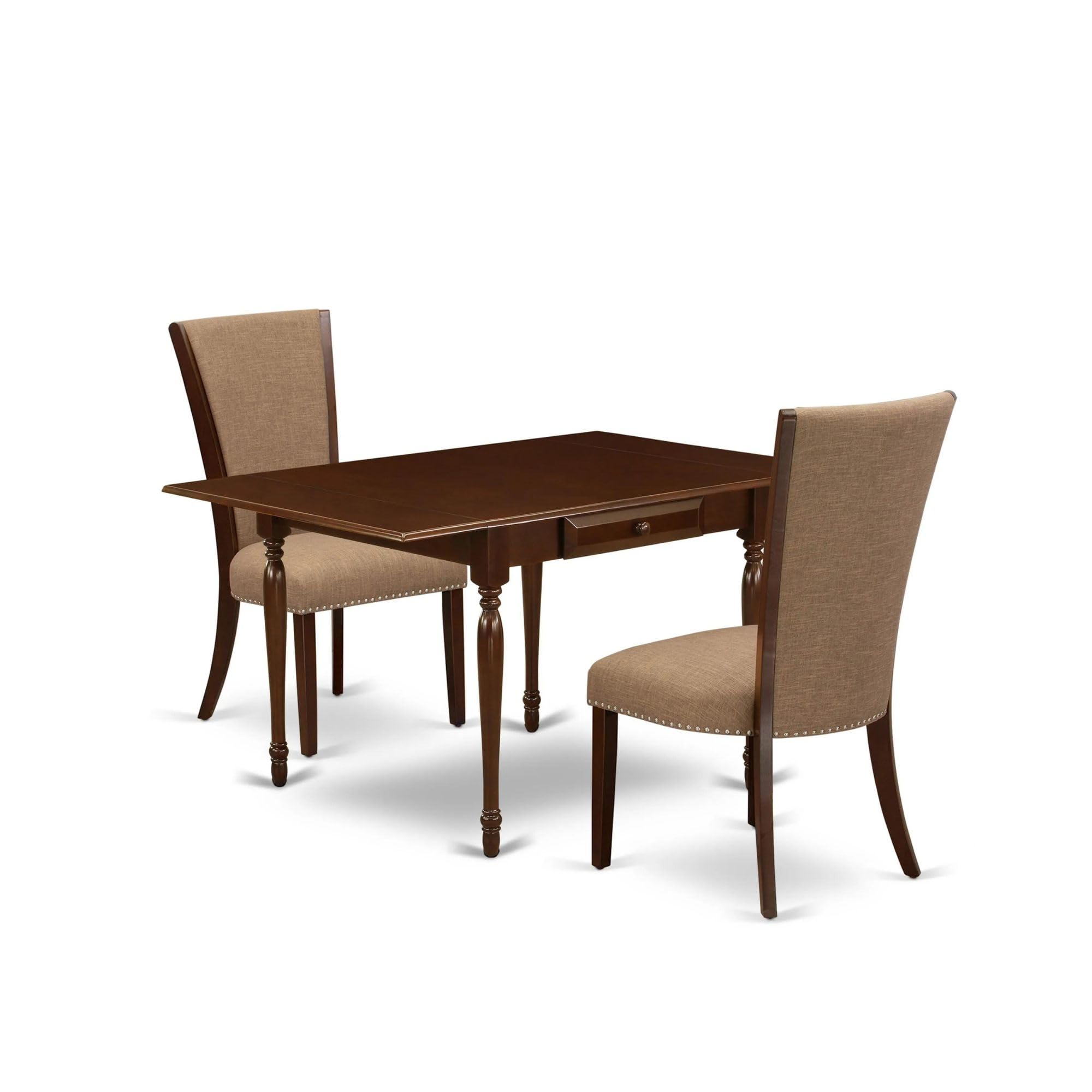 East West Furniture Mzve3-Mah-47 3 Piece Kitchen Table Set Contains A Rectangle Dining Table With Dropleaf And 2 Light Sable Linen Fabric Upholstered Chairs, 36X54 Inch, Mahogany