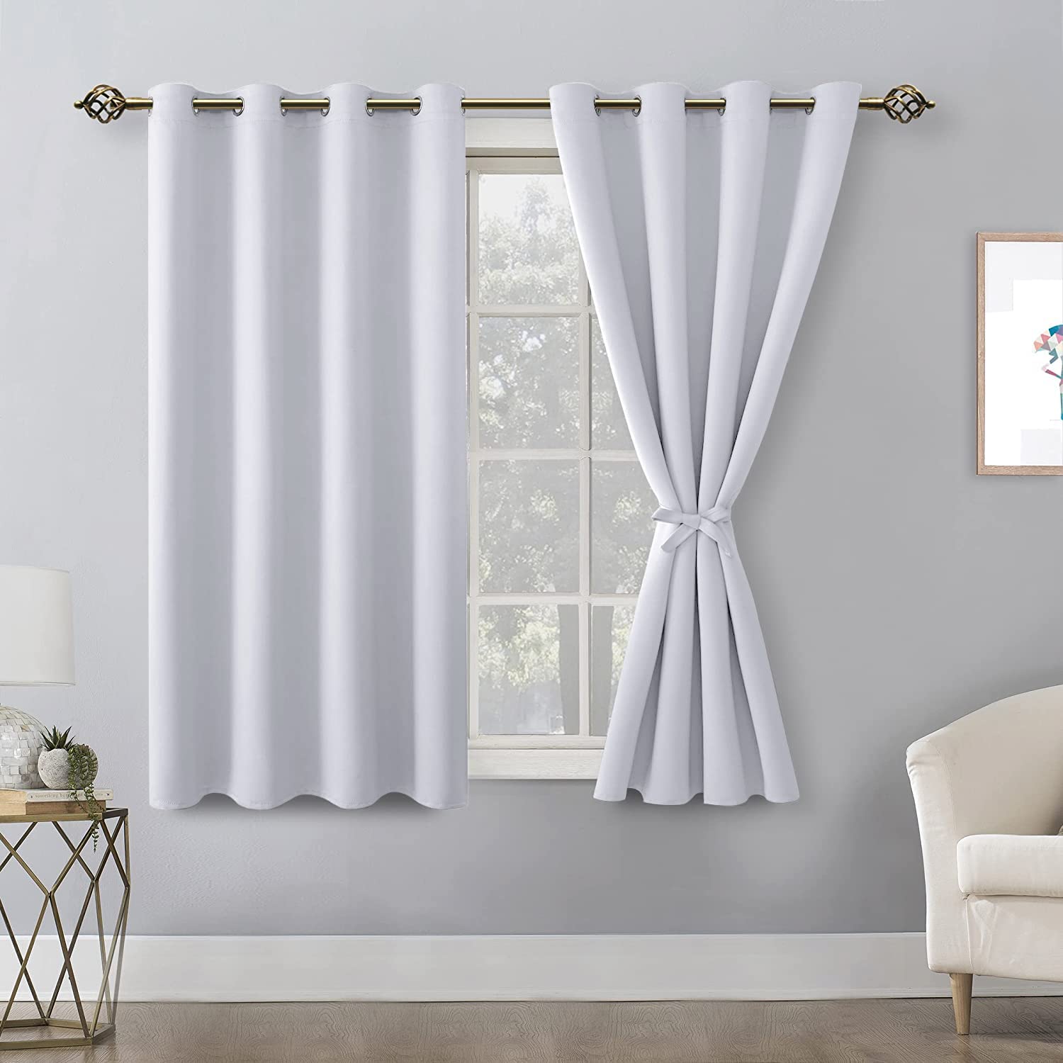 Hiasan Blackout Curtains For Bedroom, 52 X 54 Inches Long - Thermal Insulated & Energy Saving Window Curtains For Living Room, 2 Drape Panels Sewn With Tiebacks, Greyish White