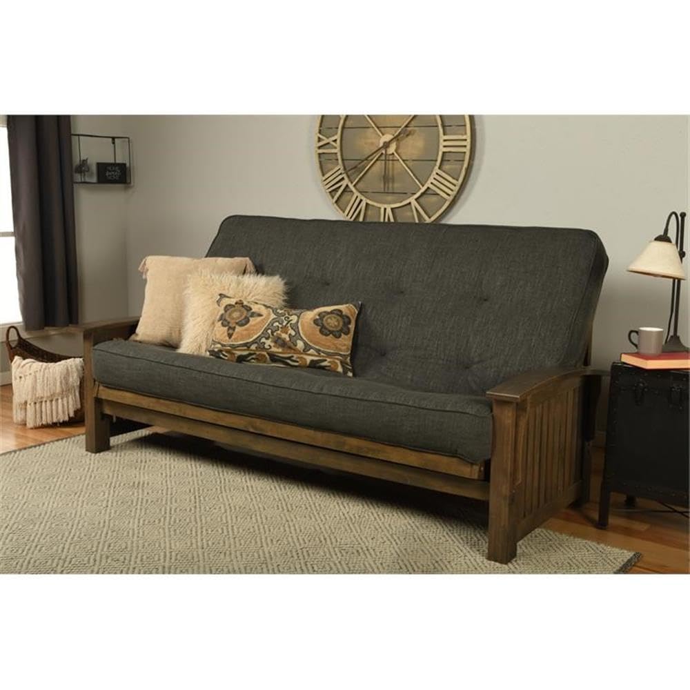 Kodiak Furniture Washington Queen Size Futon Frame and Mattress Set - Wood Futon Frame with Mattress Included in Linen Charcoal Gray Color