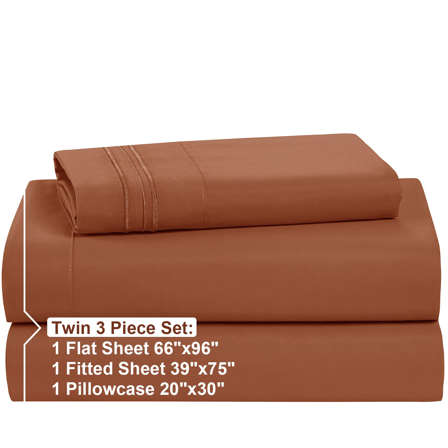 Nestl Kids Deep Pocket Twin Sheets 3 Piece Twin Size Bed Sheets With Fitted Sheet, Flat Sheet, Pillow Case - Extra Soft Bedsheet Set With Deep Pockets For Twin Size - Rust Sienna