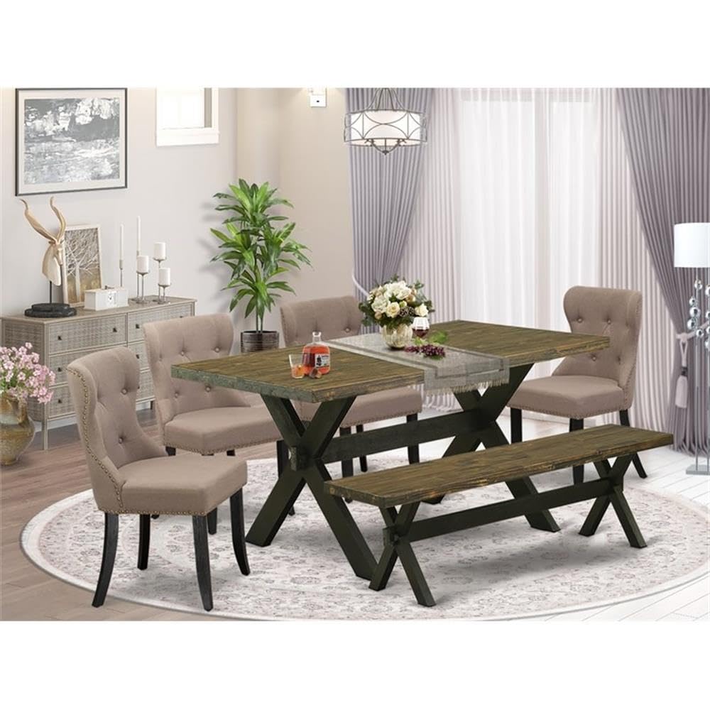 East West Furniture X676Si648-6 6 Piece Dinette Set Contains A Rectangle Dining Room Table With X-Legs And 4 Coffee Linen Fabric Parson Chairs With A Bench, 36X60 Inch, Multi-Color