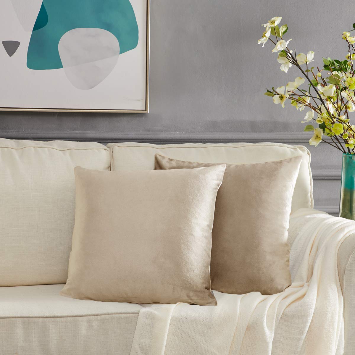 Gigizaza Decorative Couch Throw Pillow Cover,Set Of 2 Sofa 18X18 Cream Throw Pillows,Square Farmhouse Velvet Throw Cushions