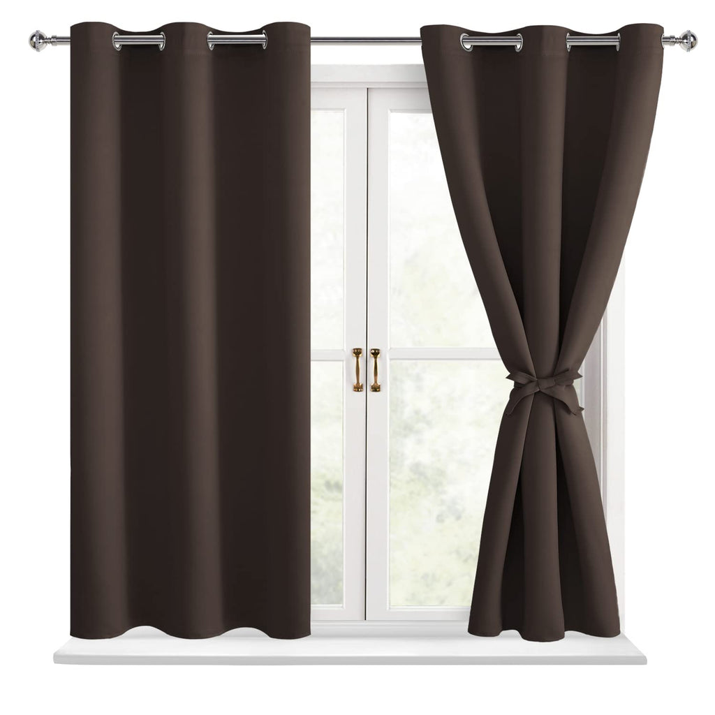 Hiasan Blackout Curtains For Bedroom - Thermal Insulated & Light Blocking Window Curtains For Living Room, 2 Drape Panels Sewn With Tiebacks, Brown, 38 X 54 Inch