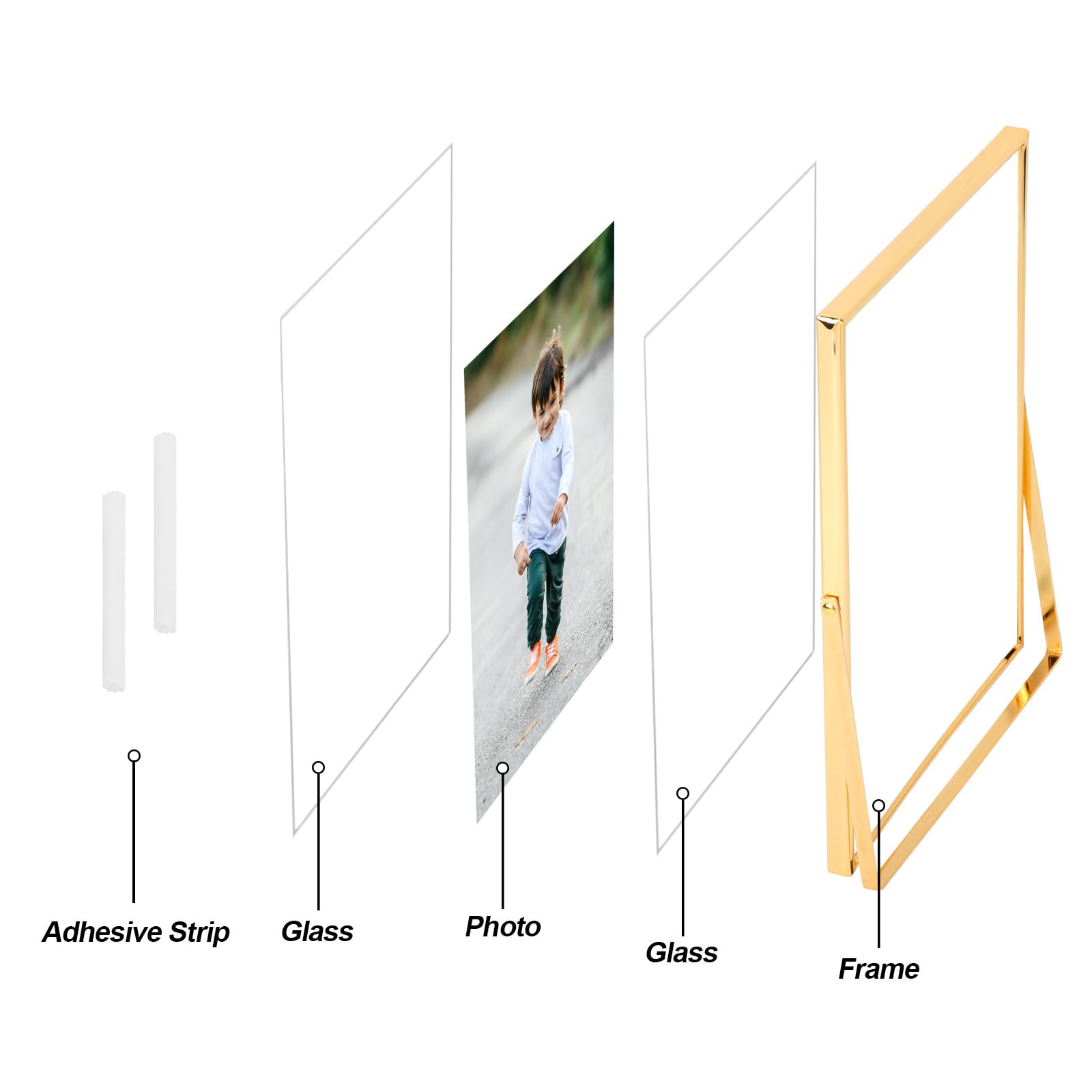 Fixwal Gold Frame Floating Picture Frame Set Of 2, 8 X 10 Tempered Glass Frame, For Tabletop Display, Gold Metal Display Frame,
