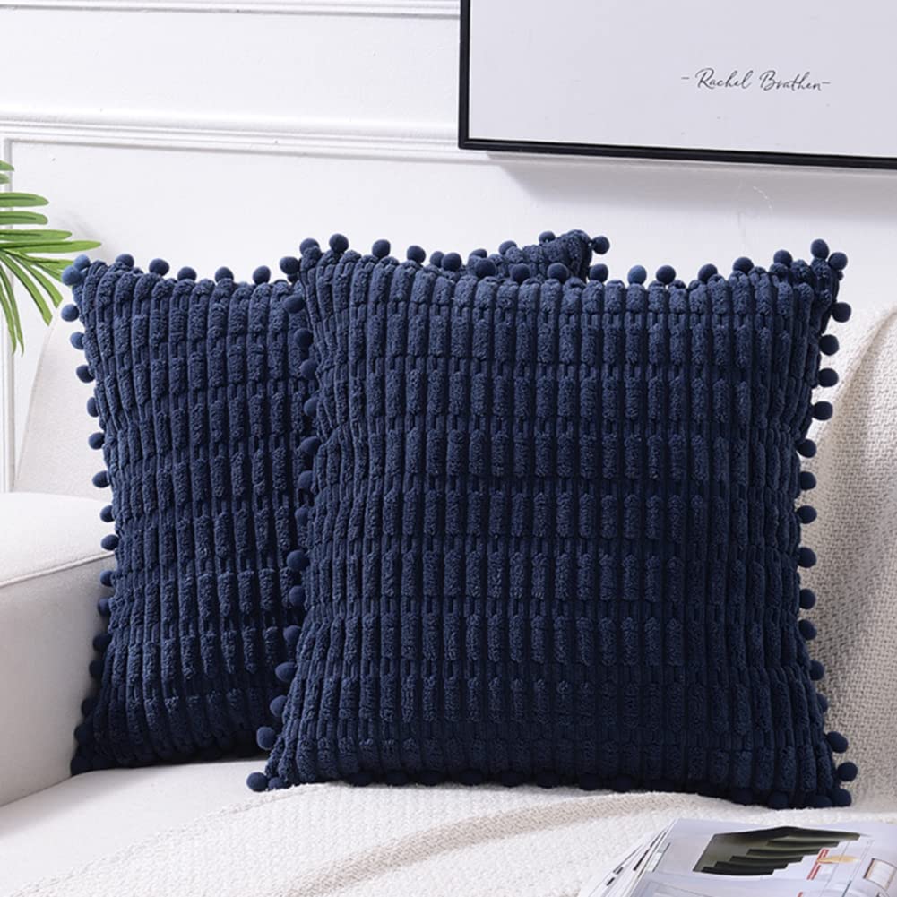 Fancy Homi 2 Packs Navy Blue Decorative Throw Pillow Covers 16X16 Inch With Pom-Poms For Couch Bed Living Room, Farmhouse Boho H