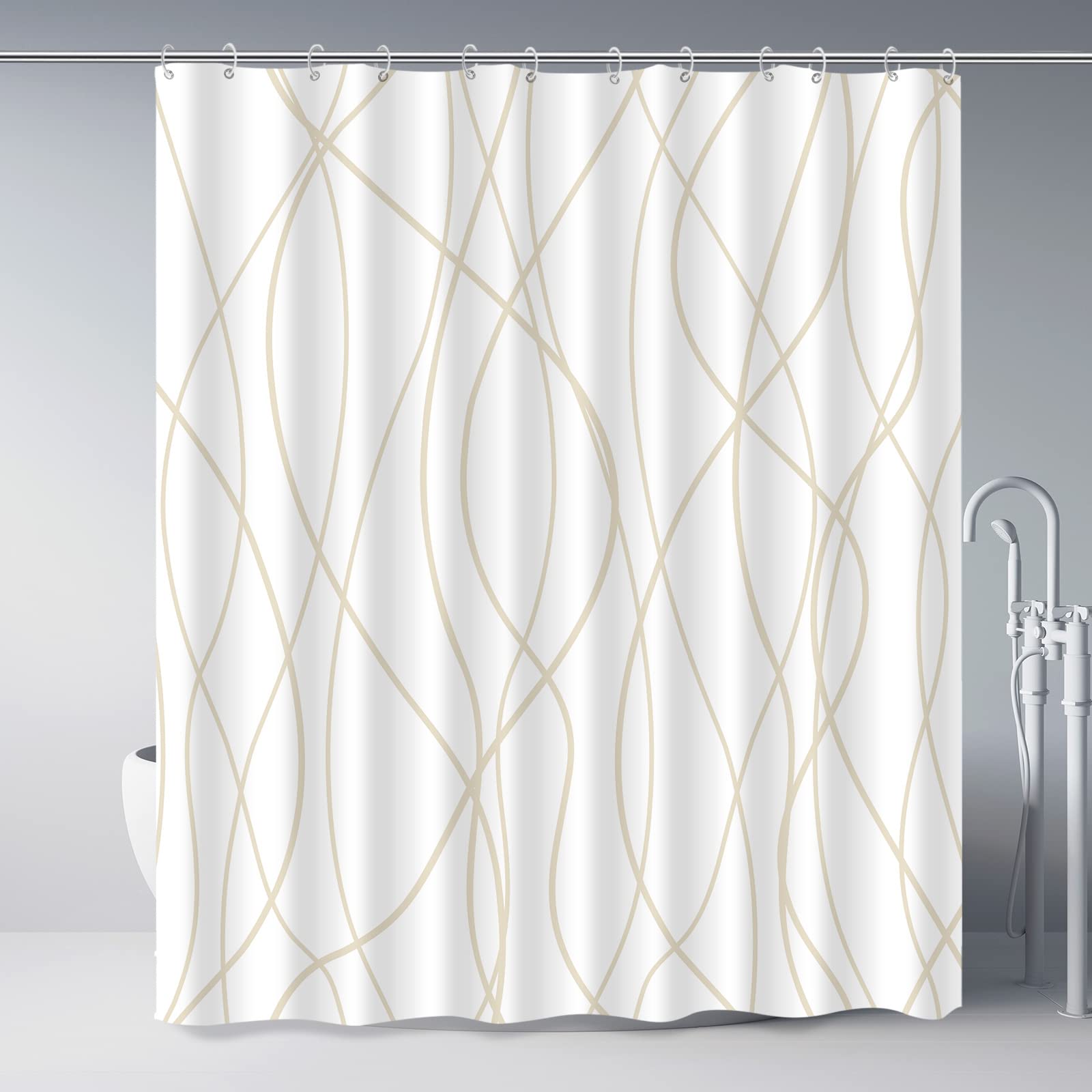 Punkray Beige Khaki Shower Curtain for Bathroom with Hooks, Extra Long Shower Curtain Set Stripe Bath Curtains Decorative White 