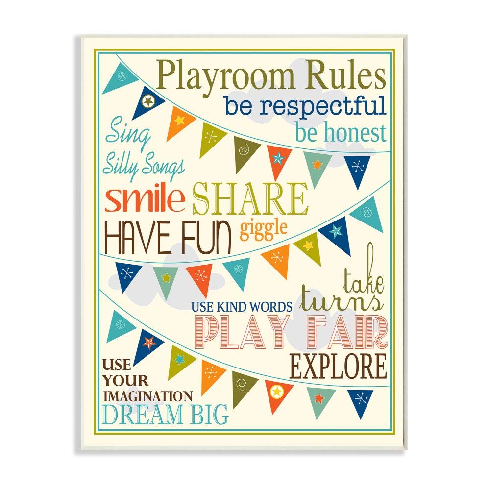 Stupell Home D  cor Playroom Rules With Pennants In Blue Rectangle Wall Plaque, 10.25 x 0.5 x 14.75, Proudly Made in USA