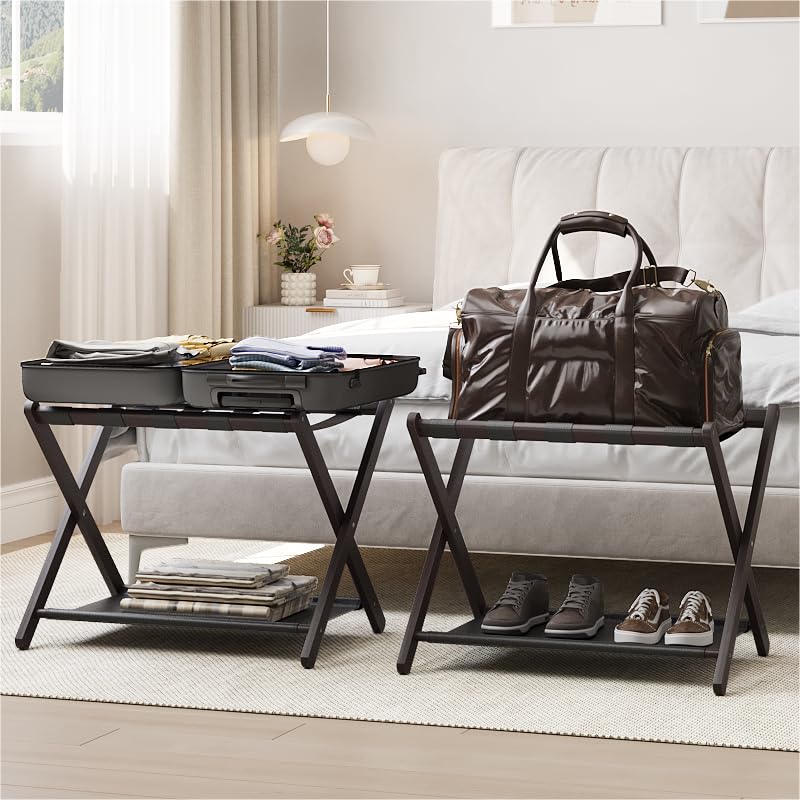 Smart FENDEE 2 Pack Luggage Rack, Folding Luggage Rack for Guest Room, Brown Bamboo Suitcase Stand Holds up to 131 lb, Luggage S