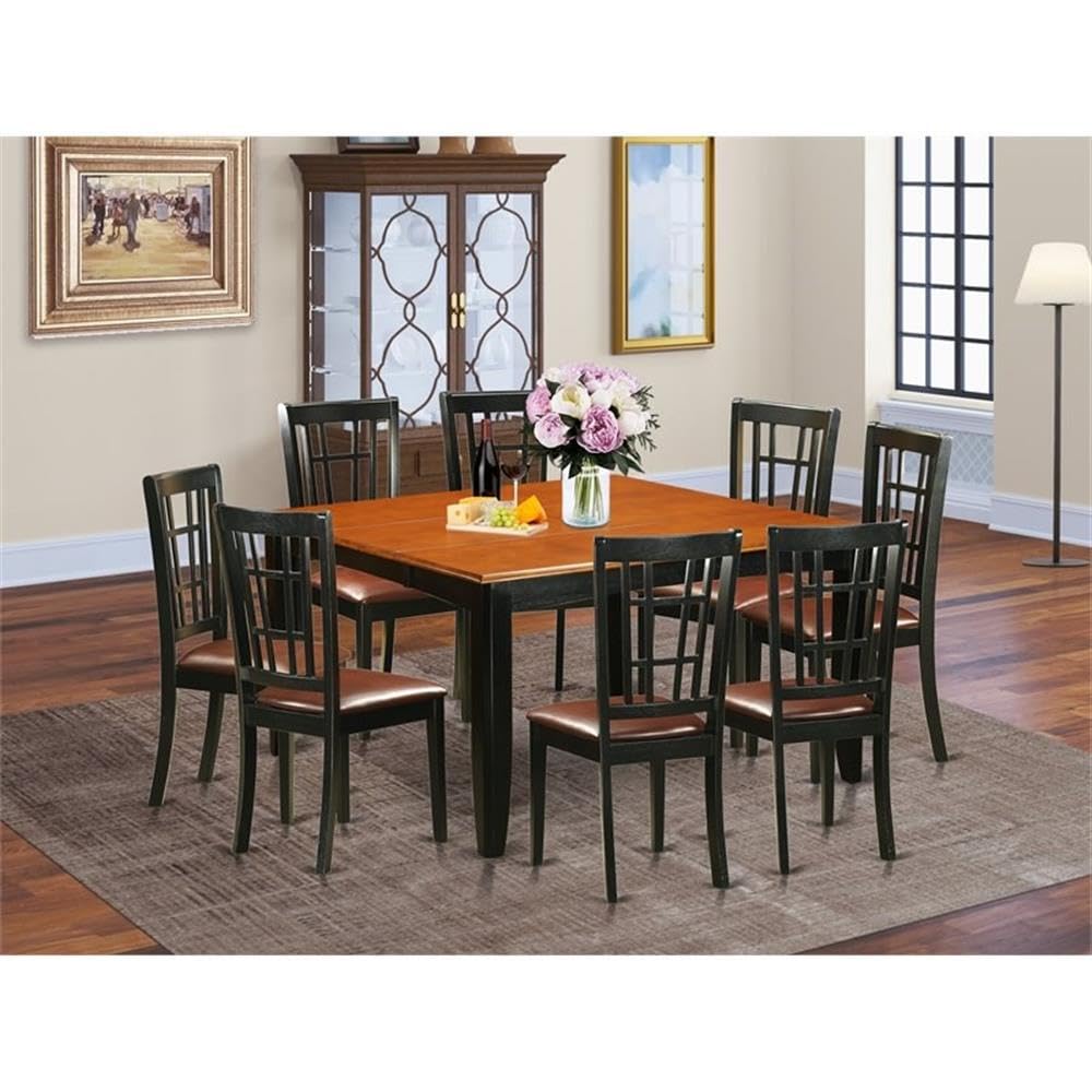 East West Furniture PFNI9-BCH-LC 9 Piece Kitchen Table Set Includes a Square Dining Table with Butterfly Leaf and 8 Faux Leather Dining Room Chairs, 54x54 Inch, Black & Cherry