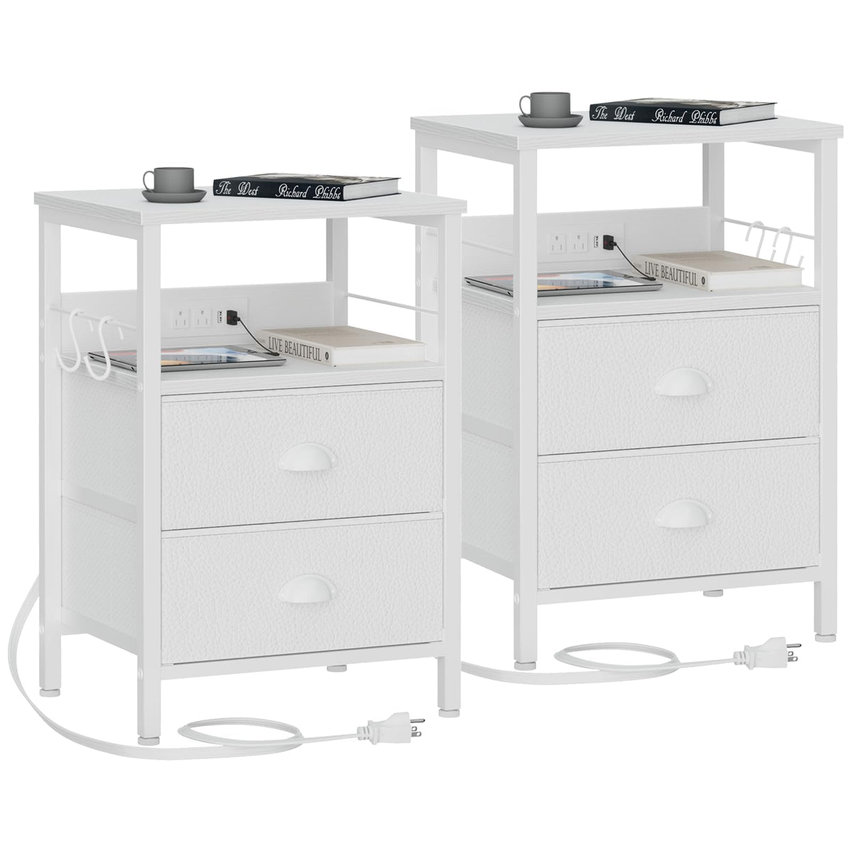 Furologee Nightstands Set Of 2, End Tables With Charging Station And Usb Ports, Side Tables With 2 Fabric Drawers, Night Stands With Storage Shelf & 2 Hooks, For Living Room/Bedroom, White