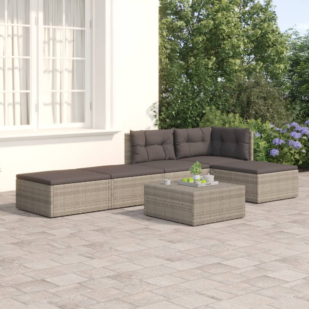vidaXL 5-Piece Patio Lounge Set with Cushions - Gray Poly Rattan, Weather Resistant, Modular Design, Adjustable Seats, Comfortable Outdoor Furniture