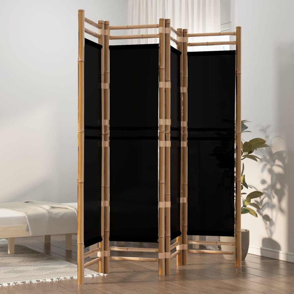 vidaXL Folding Room Divider | 4-Panel | Durable Bamboo Material and Black Canvas | Versatile for Living Room, Garden, Balcony | Foldable for Easy Storage