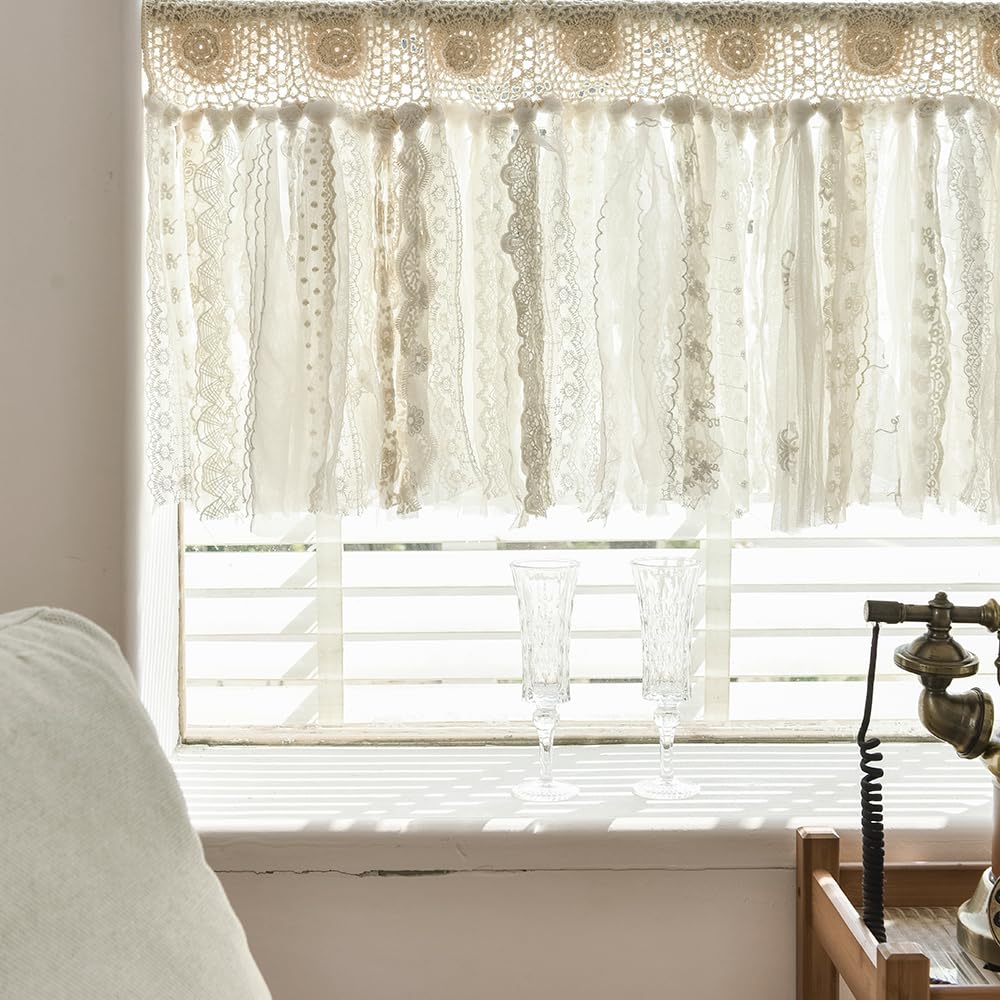 Lace Kitchen Valances for Windows Bohemian Short Hand Crochet Curtains Vintage Doily Cafe Curtains for Bathroom, Living Room Rus