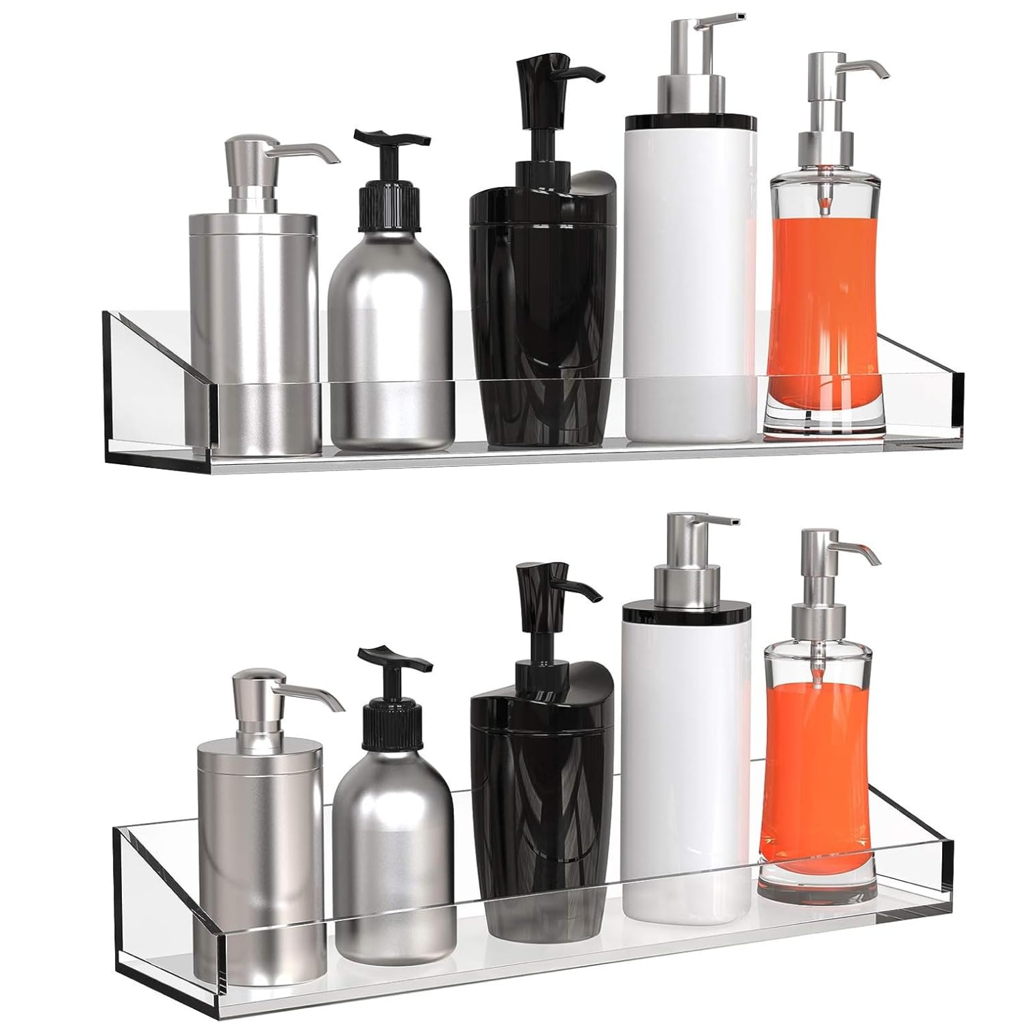 Vdomus Acrylic Bathroom Shelves, Set of 2 - 4''Dx15''Wx2.25''H Thick Wall Mounted Floating Shelves - Clear Storage and Display S
