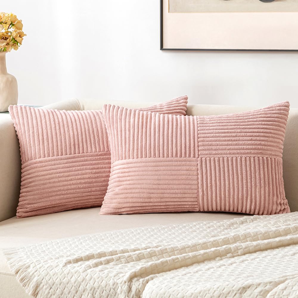 Miulee Pink Corduroy Pillow Covers Pack Of 2 Boho Decorative Spliced Throw Pillow Covers Soft Solid Couch Pillowcases Cross Patc